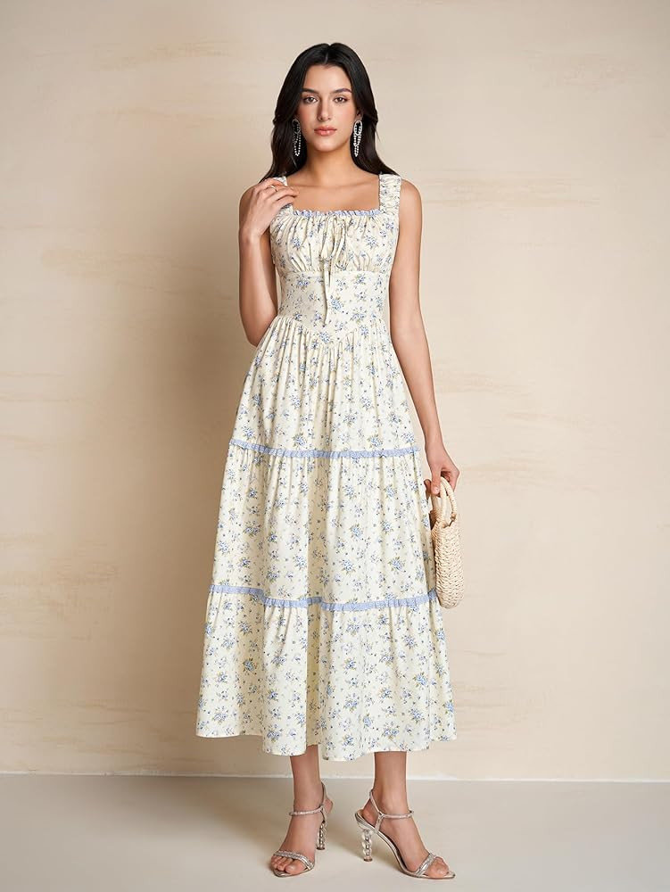 KUTUMAI Floral Corset Milkmaid Midi Dress Flowy Lace Tiered Cottagecore Wedding Guest for Women 2... | Amazon (US)