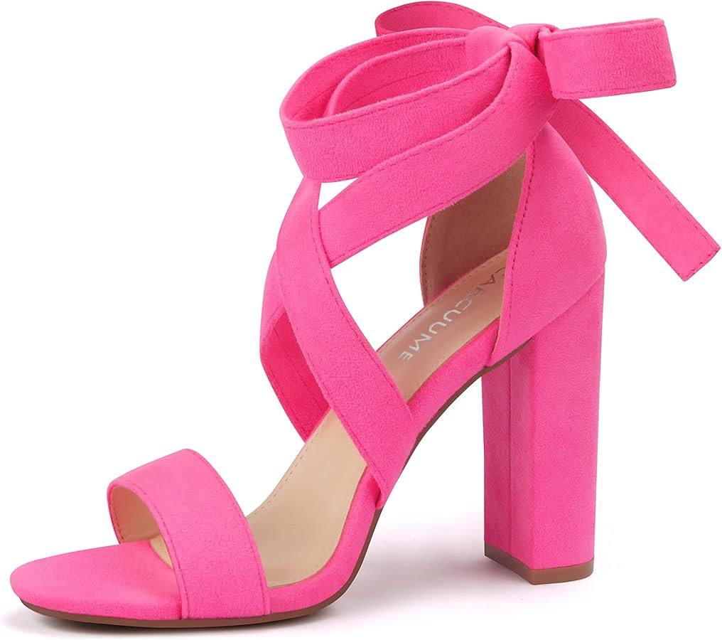 Strappy Heels for Women Chunky Heels High Heeled Sandals with Lace Up Fahsion Casual Nude Block H... | Amazon (US)