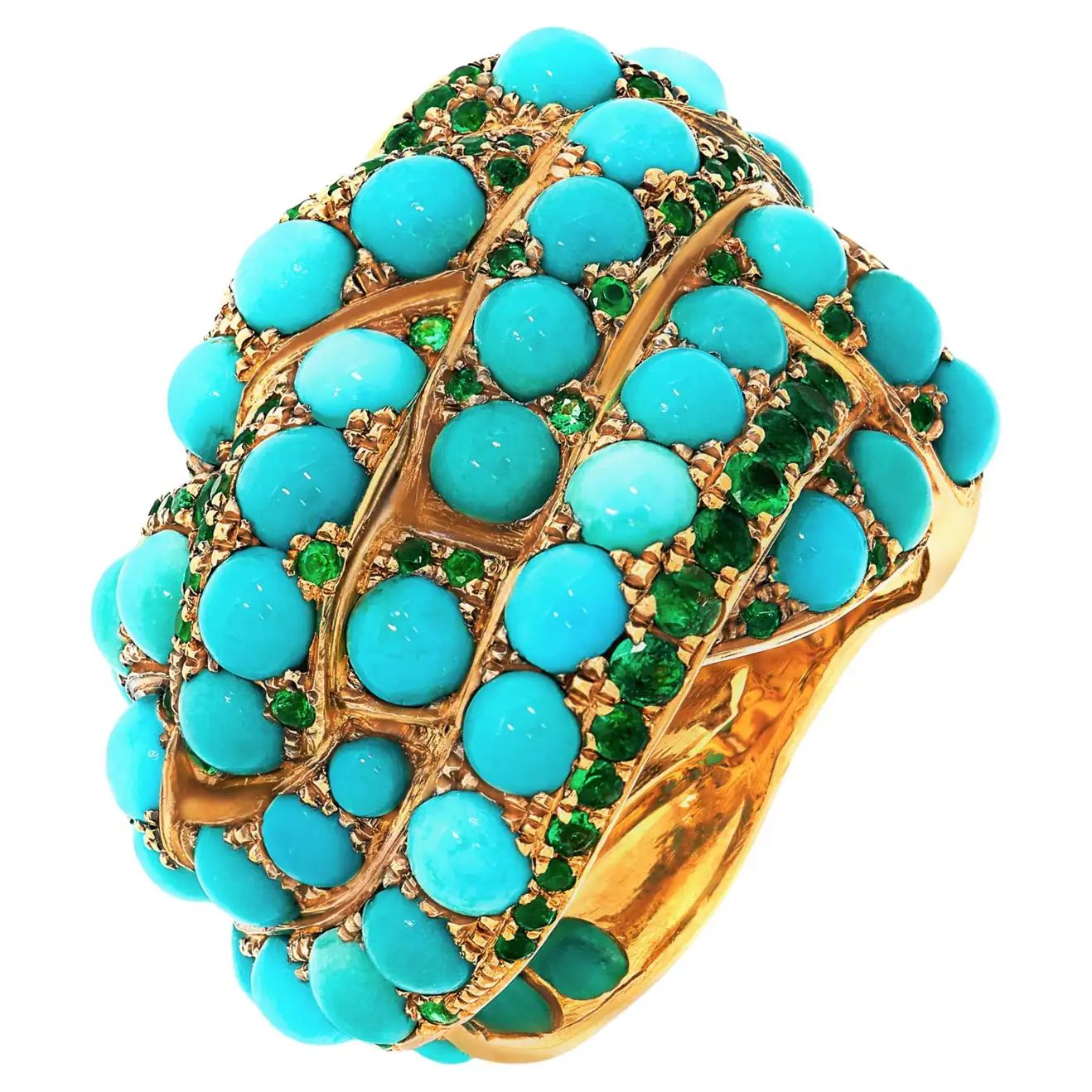 Rosior one-off Turquoise and Emerald Cocktail Ring set in Yellow Gold | 1stDibs