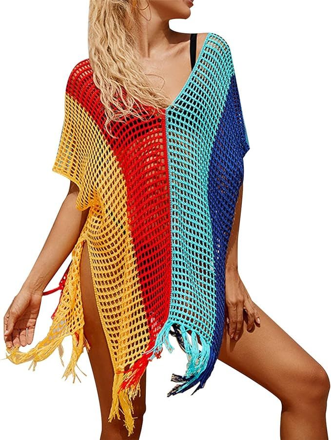 Womens Crochet Cover Up Top Dress Button Down Crochet Beach Dress With Sleeves Beach Swimsuit | Amazon (US)