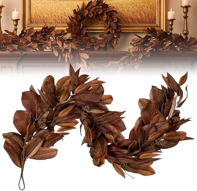 Brown Magnolia Leaf Garland, 6 FT Magnolia Leaf Garland Realistic Artificial Fall Magnolia Leaves... | Amazon (US)