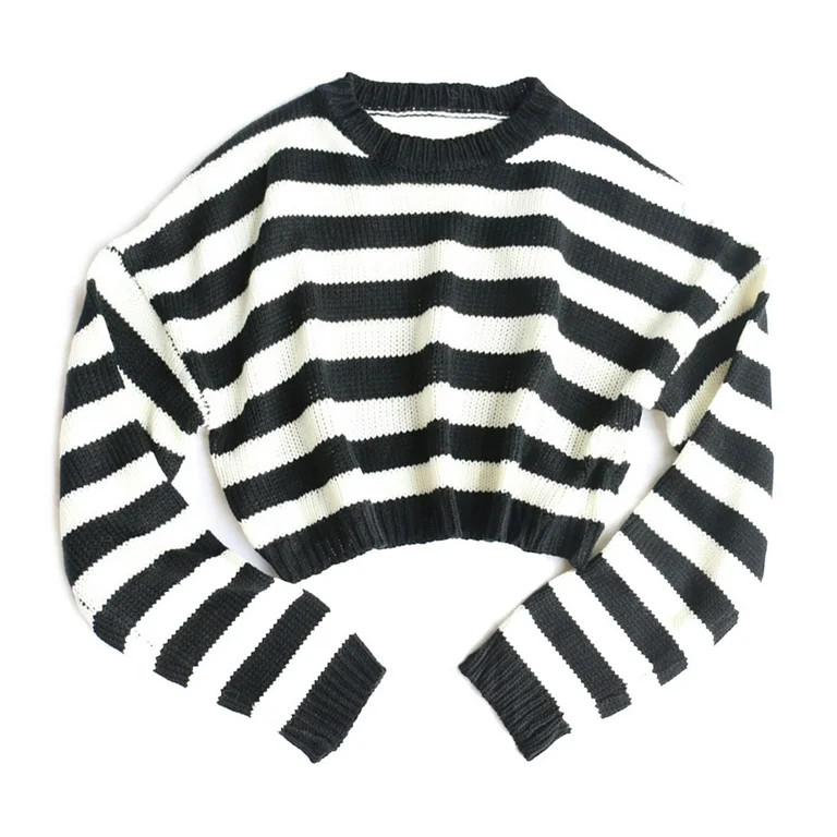 Women Long Sleeve Sweater Vintage Black White Striped O-Neck Cropped Top Navel Exposed Harajuku L... | Walmart (US)