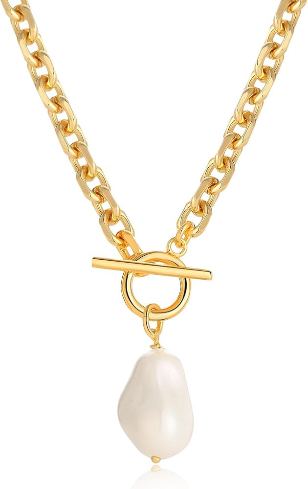 Link Chain Toggle Clasp Baroque Pearl Necklace for Women 14k Gold Plated Charm Pendant Chunky Nec... | Amazon (US)