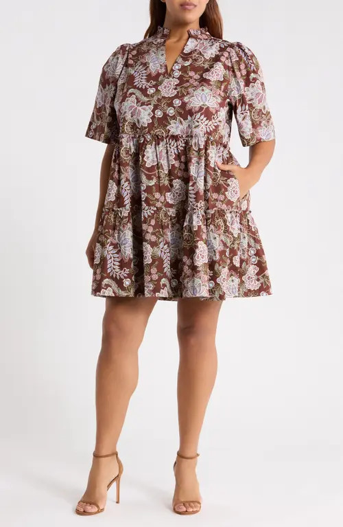 SUGARLIPS Dixie Split Neck Shift Dress in Brown-Floral at Nordstrom, Size 1X | Nordstrom