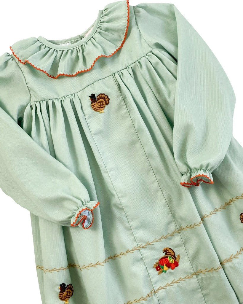 Turkey Embroidered Sage Green Dress | Smockingbird Kids