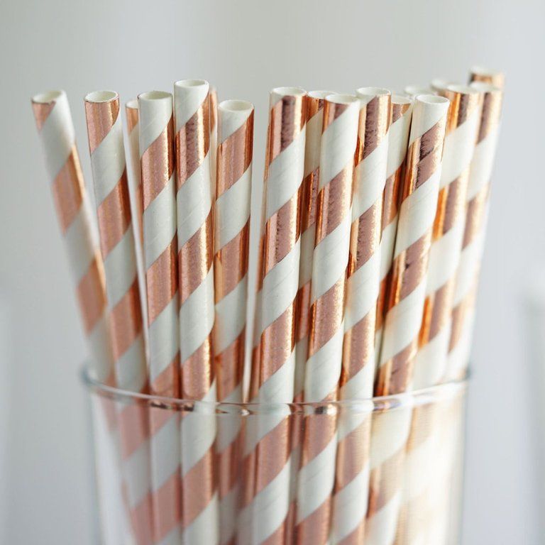 BalsaCircle 25 pcs 8 in Rose Gold and White Striped Paper Straws Disposable Wedding Party Event P... | Walmart (US)