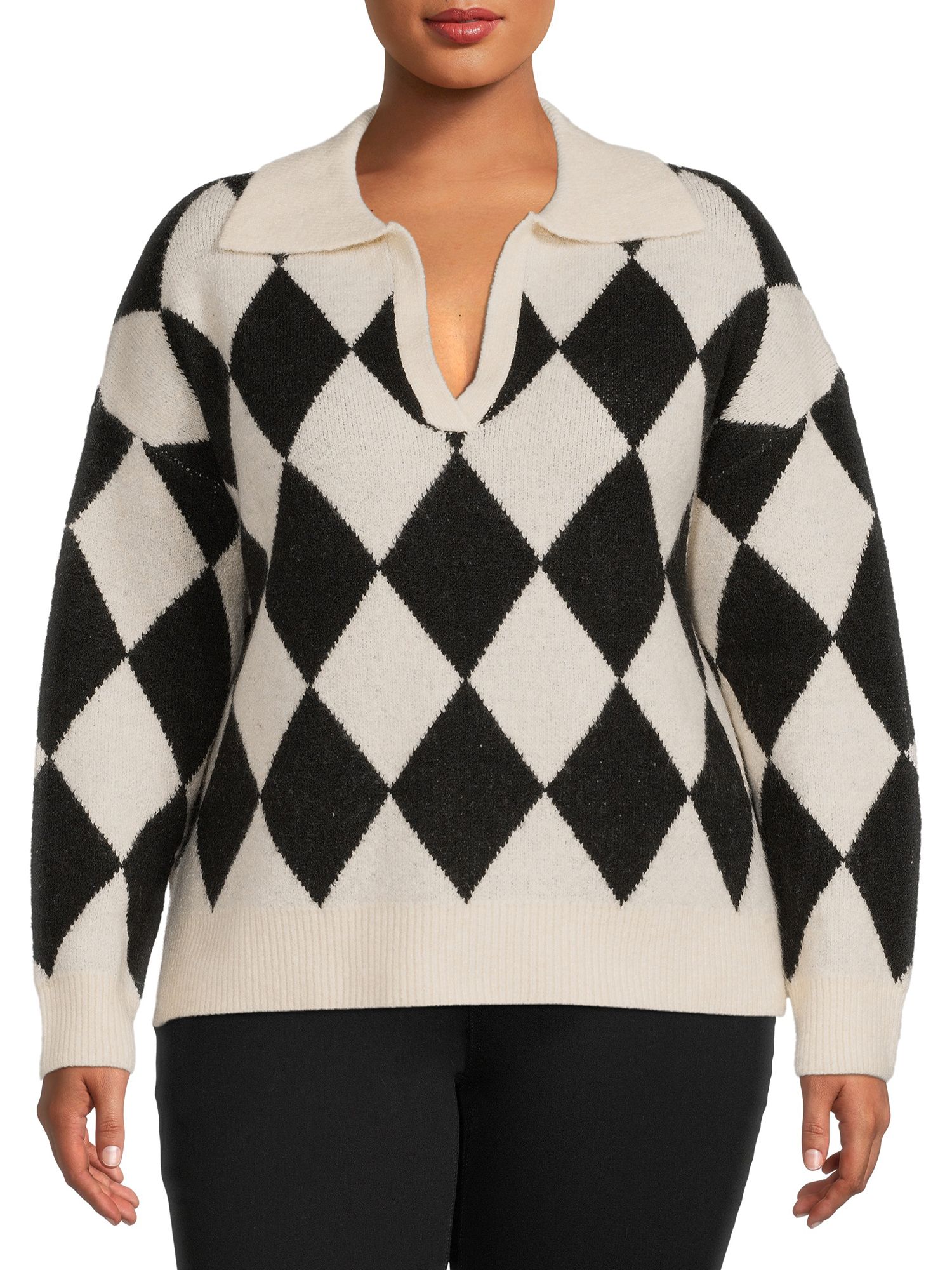 Dreamers by Debut Women's Plus Size Diamond Pattern Polo Sweater - Walmart.com | Walmart (US)