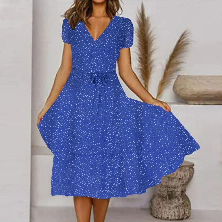 Floleo Women's Dress Clearance Summer Fashion Women Summer V-Neck Bandage Dot Print Casual Short ... | Walmart (US)