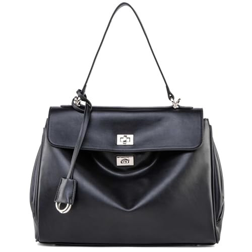 NGGU Black Leather Tote Bag for Women,Soft Leather Shoulder Handbags for Ladies,Satchel Purse for Travel Work & Medium & Black Leather & Silver Clasp | Amazon (US)