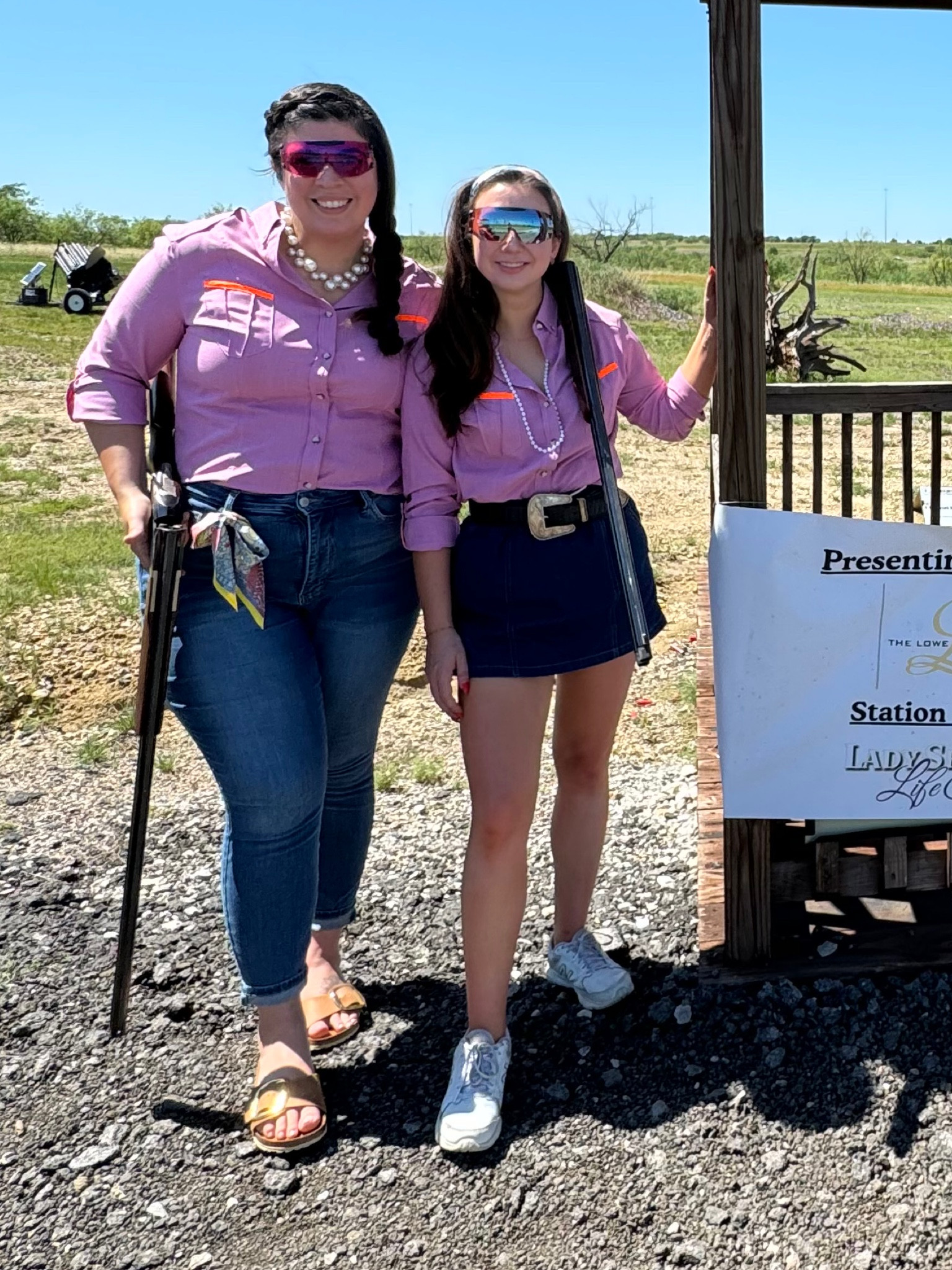 Who said hunting clothes had to been manly?! 
Pink shirt by Upland Bespoke (sz small) 
Denim Skort / fp dupe (sz small) 