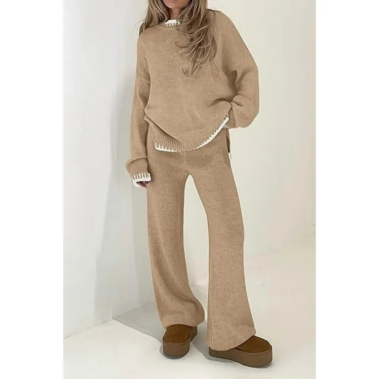 PRETTYGARDEN Women's 2 Piece Knit Sweater Outfit Casual Long Sleeve Pullover Wide Leg Pants Track... | Walmart (US)