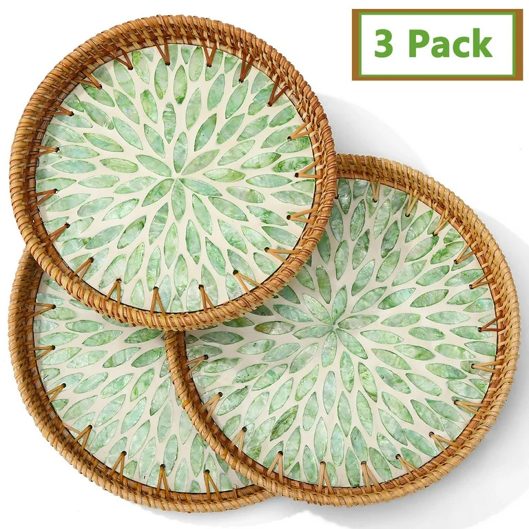 Topekada 3-Pack Decorative Rattan Trays for Coffee Table with Mother of Pearl Inlay, Handwoven Na... | Walmart (US)