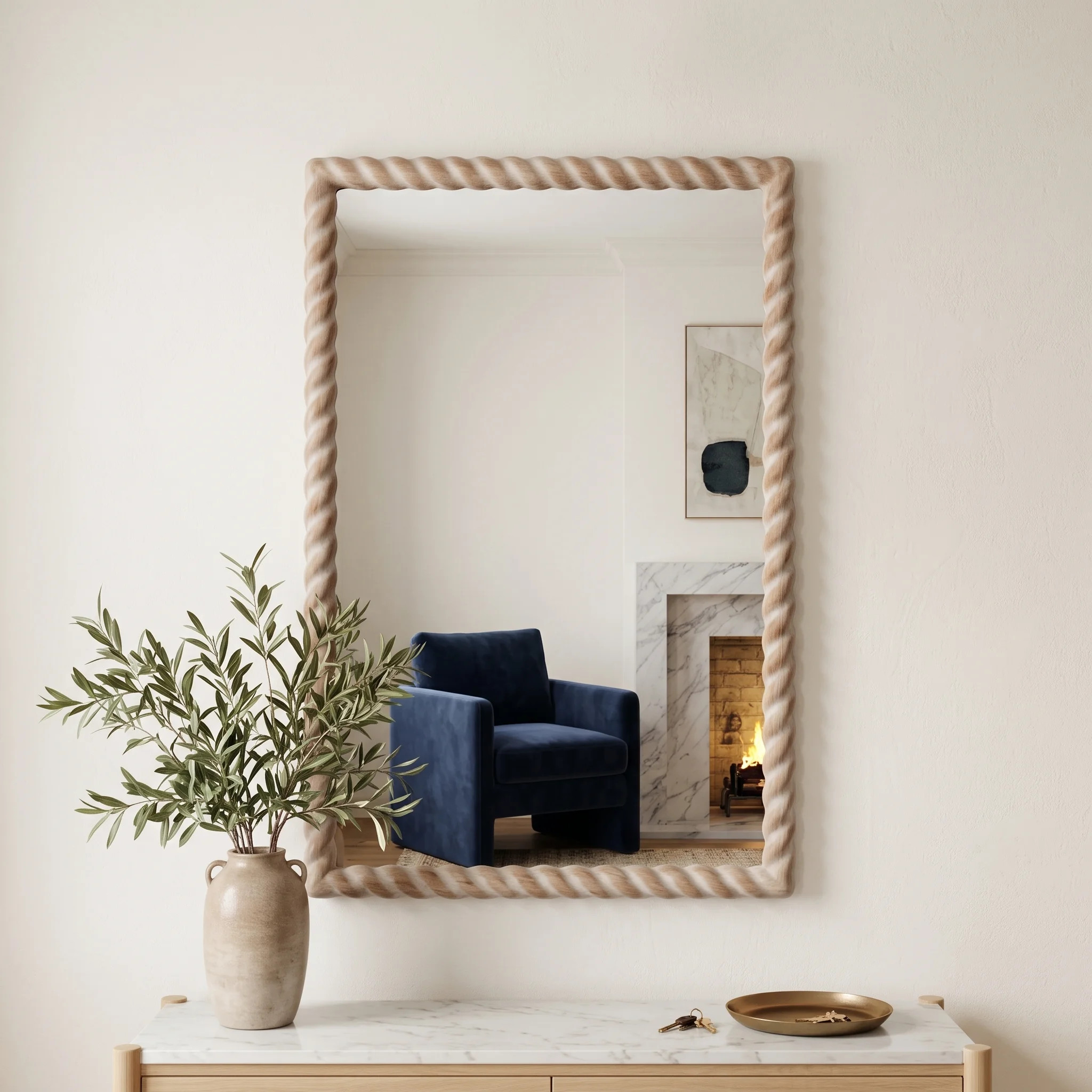 Farmhouse Round Wall Mirror with Solid Wood Frame and Carved Rope Detail | Wayfair North America