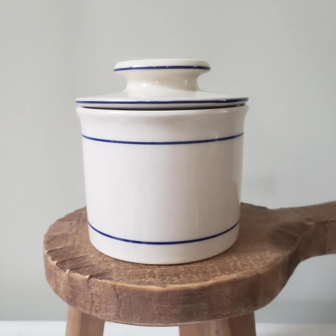 Glazed Stoneware Butter Bell Crock - Cream & Navy Blue - Etsy | Etsy (US)