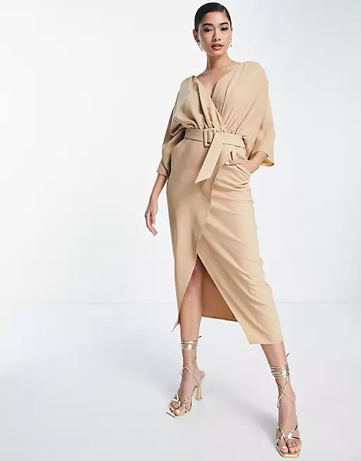 ASOS DESIGN mixed fabric belted wrap skirt midi dress in camel | ASOS (Global)