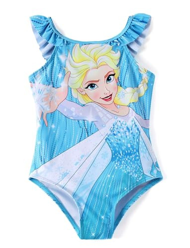 Disney Frozen Girls Swimsuits Elsa Print UPF 50+ One Piece Bathing Suits Ruffle Straps Summer Swimwear Blue Quick Dry for Toddler Girls Size 3-4T | Amazon (US)