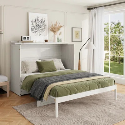 Queen Size Murphy Bed with Large Drawers & USB Charging – Wall-Mounted Fold-Down Storage Bed, Brushed White | Wayfair North America
