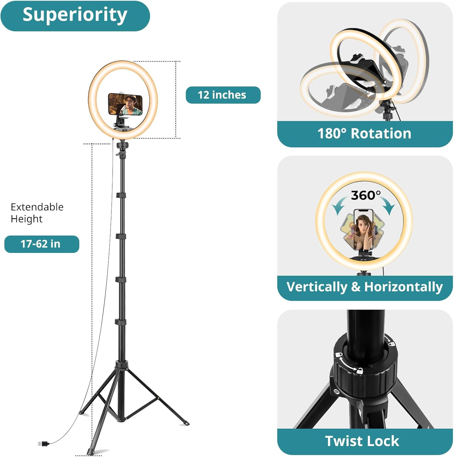 Eicaus 12" Ring Light with Tripod Stand and Phone Holder,Selfie LED Lighting with 62" Phone and S... | Amazon (US)