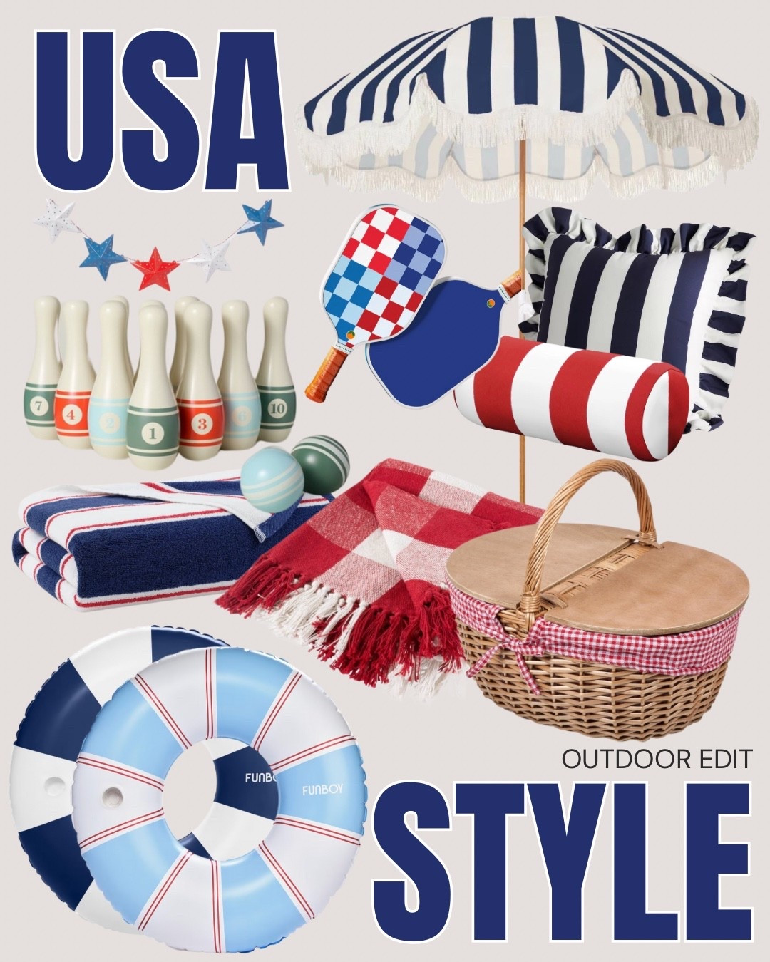 USA style ~  outdoor edit 🇺🇸

Flag, America, home, USA, Fourth of July, Memorial Day, pool float, funboy, picnic basket, picnic blanket, outdoor pillow, lawn games, target, pickleball, pool umbrella, beach towel, pool towel, Patriotic, pillow, plates, bbq, outdoor, wreath, polo, napkins, platter, candle, drink dispenser, target, Amazon, pottery barn, kohls, Walmart, food, baking, home, kitchen, porch, outdoor, sale, under 100, under 50, under 25

#LTKSummerEdit #LTKHome #LTKFindsUnder100