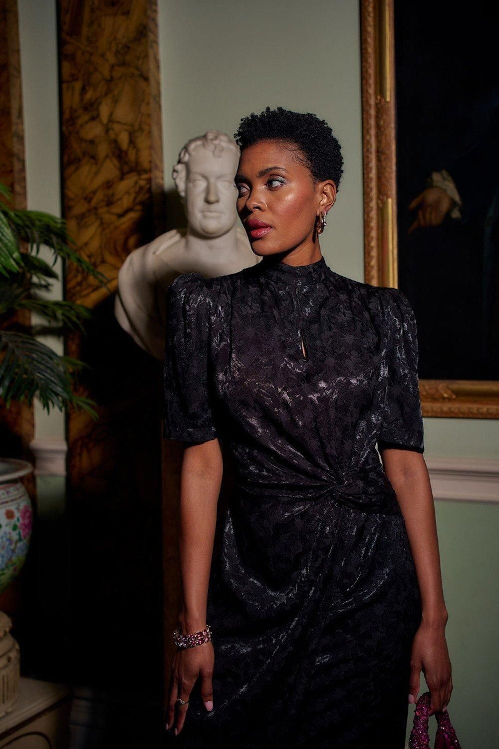 Dresses | Puff Sleeve Midi Jacquard Dress With Knot Detail In Black | ANOTHER SUNDAY | Debenhams UK