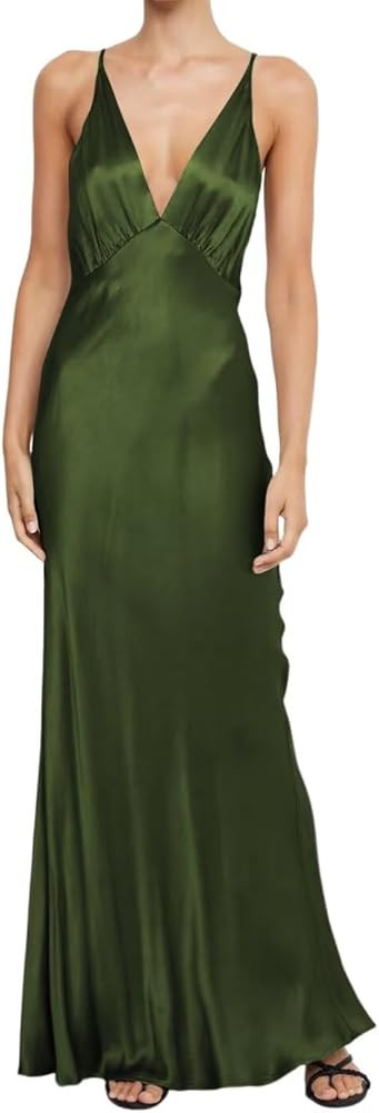 Women's Satin Bridesmaid Dresses V Neck Backless Formal Dresses Elegant Maxi Cocktail Dress MO045 | Amazon (US)