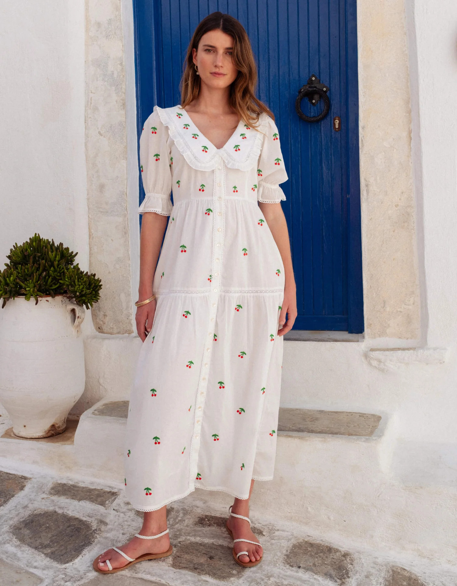 Francis Dress | Red, White Cherry Maxi | Embroidered Cotton | Pink City Prints UK