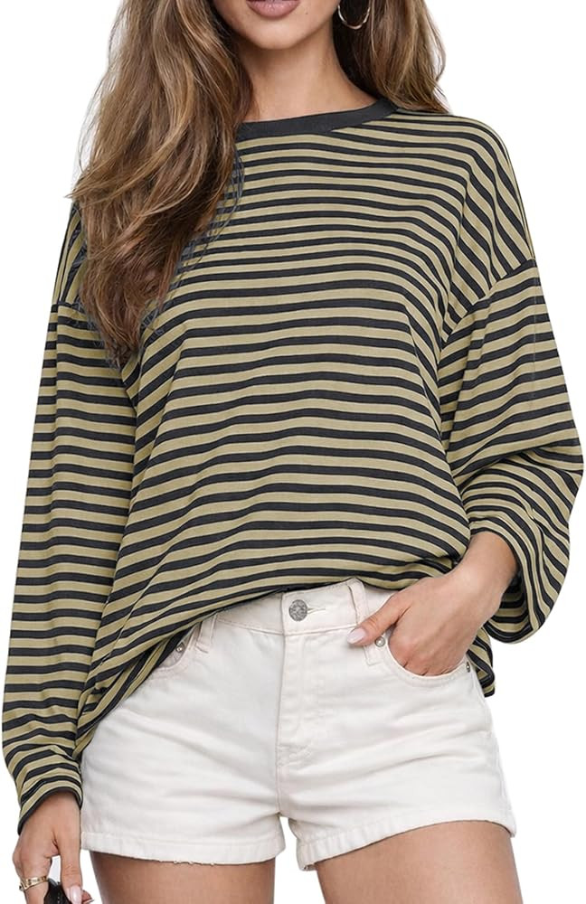 CHYRII Womens Oversized Striped Long Sleeve T Shirt Casual Fall Tops | Amazon (US)