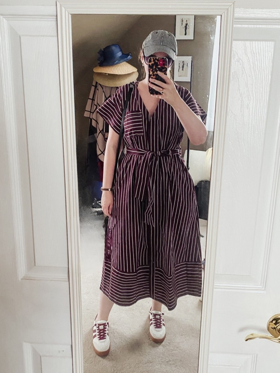 Burgundy striped shirt dress- could size down 1
Burgundy sneakers 


#LTKShoeCrush #LTKSeasonal #LTKMidsize
