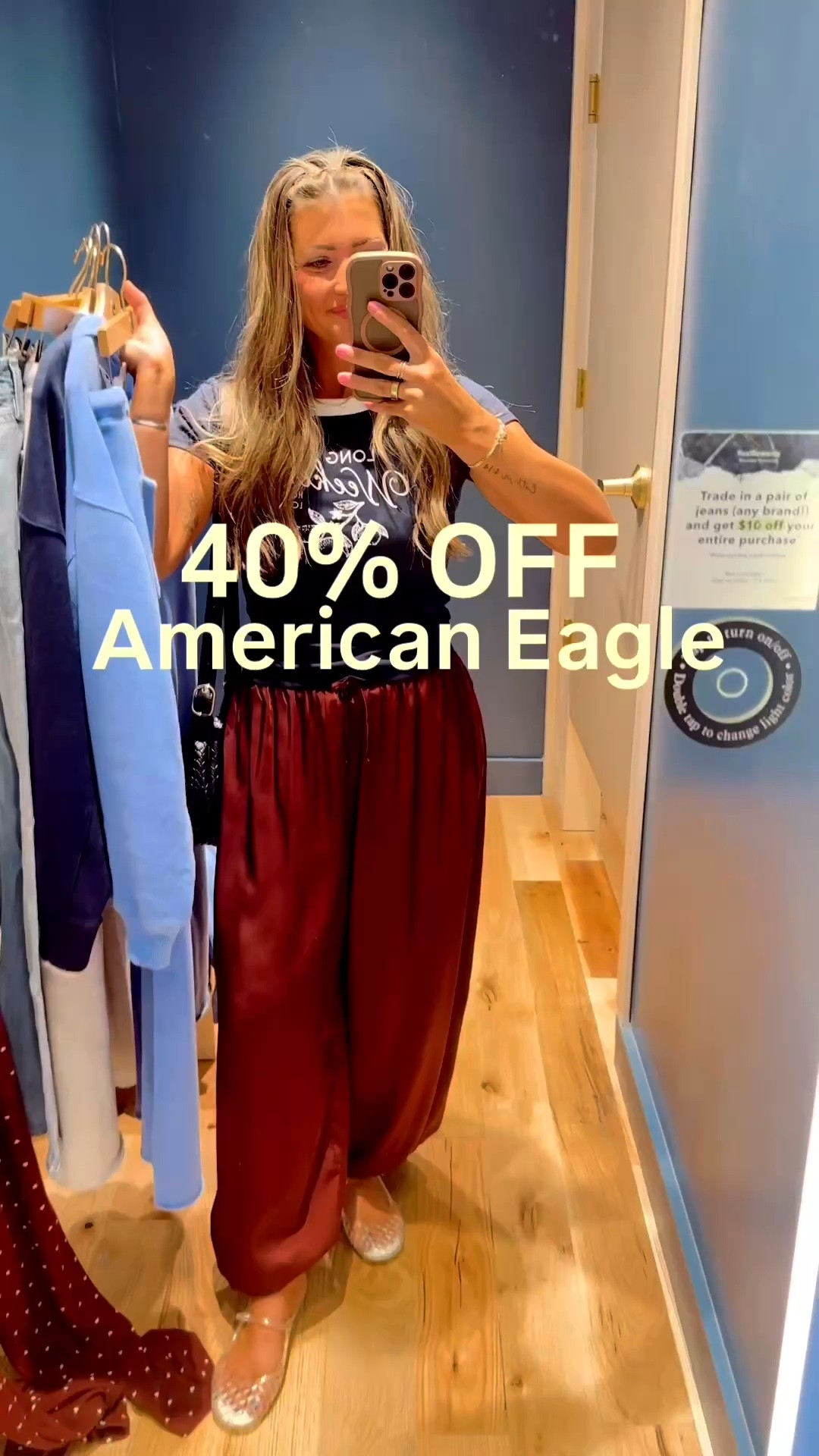 AE sale!!! I’m wearing an XS in all tops // true size 2 in jeans // I did a M in the navy crewneck for an oversized fit // small in the heart set at the end