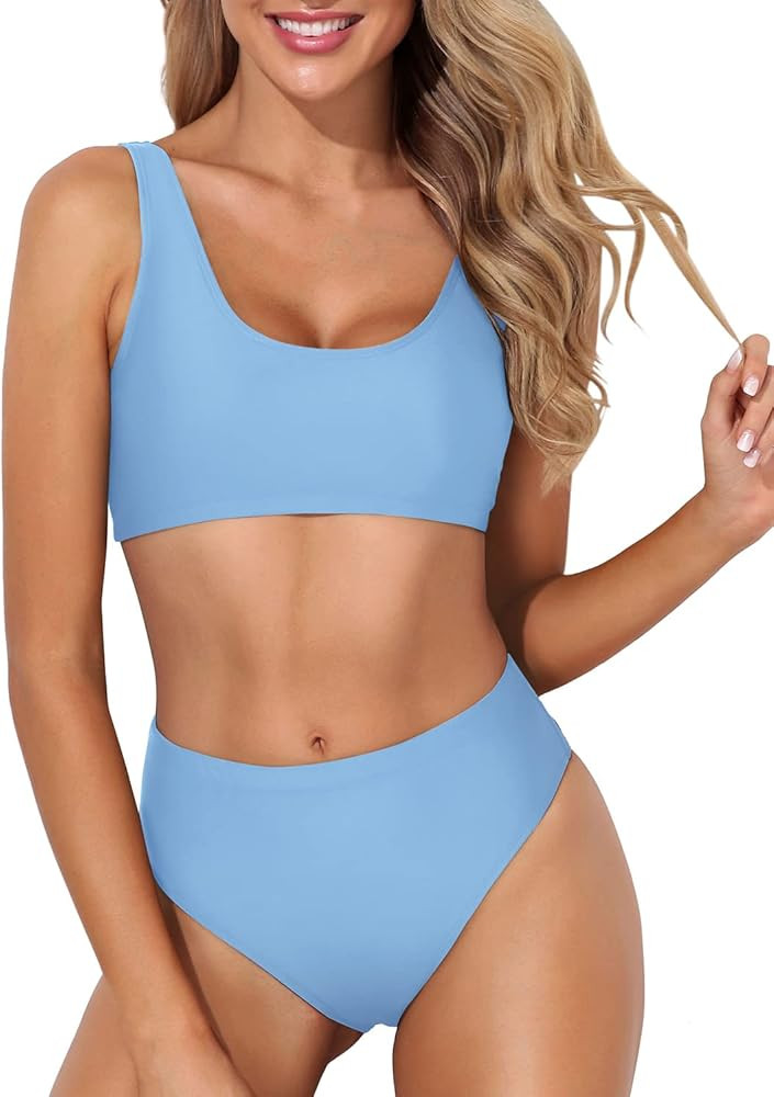 Tempt Me Women Two Piece Scoop Neck Bikini Crop Top High Cut Swimsuit Sporty High Waisted Bathing Su | Amazon (US)