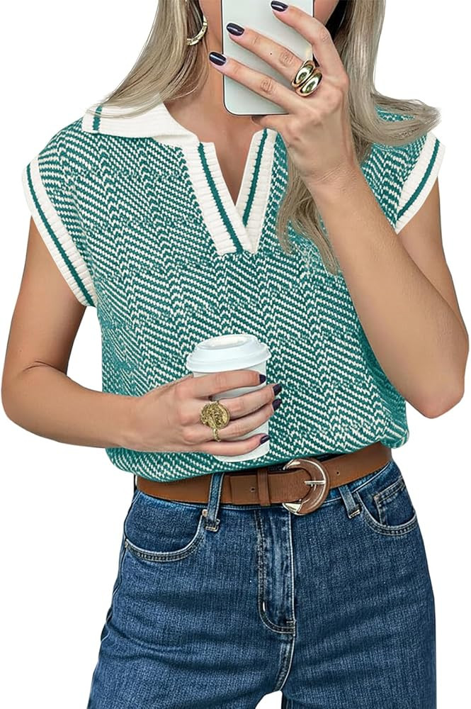 Saodimallsu Womens Short Sleeve Sweater Tops V Neck Polo Shirts Summer Casual Loose Knit Color Bl... | Amazon (US)