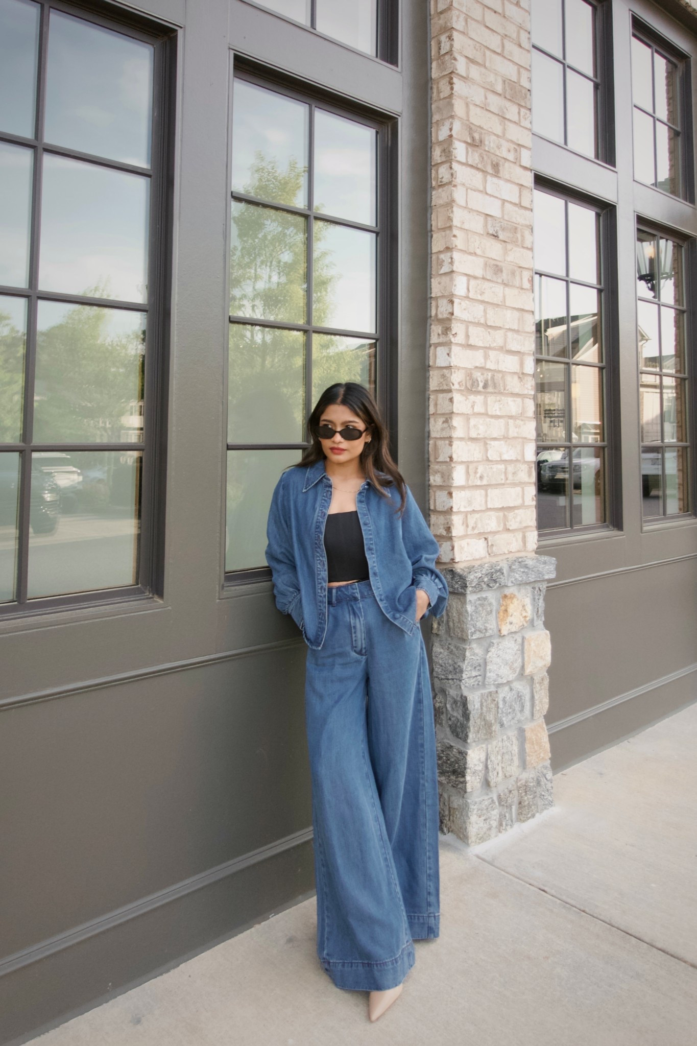 Easy petite friendly outfit: very lightweight denim monochromatic look. 

Wearing UK size 8 petite (which is roughly like a size 2 US) 
Wearing UK size 8, US 4 in shirt 




#LTKootd #LTKWorkwear #LTKPetite