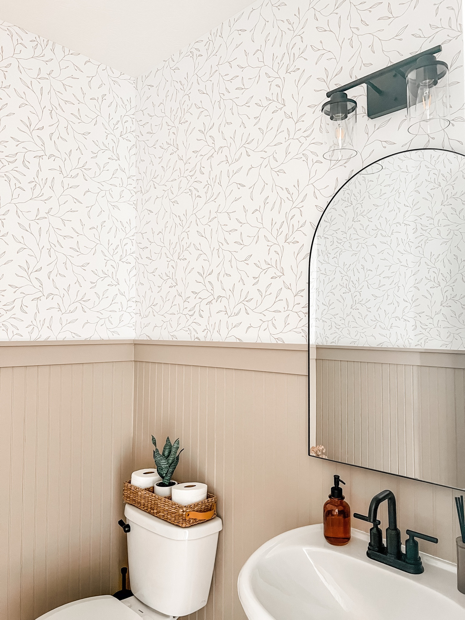 shop my powder room upgrade! 

#blackarchmirror #beadboard #wallpaper 

#LTKunder100 #LTKunder50 #LTKhome