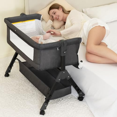 Baby Bassinet, Bedside Bassinet for Baby, 3 in 1 Bassinet Bedside Sleeper with Wheels, Mosquito Net, Adjustable Easy Folding Portable Bed for Infant Newborn (Dark Grey) | Amazon (US)