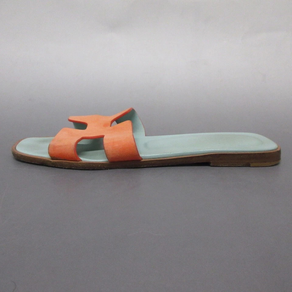 Auth HERMES Oran - Orange Light Blue Dark Brown Leather Suede Women's Sandals  | eBay | eBay US