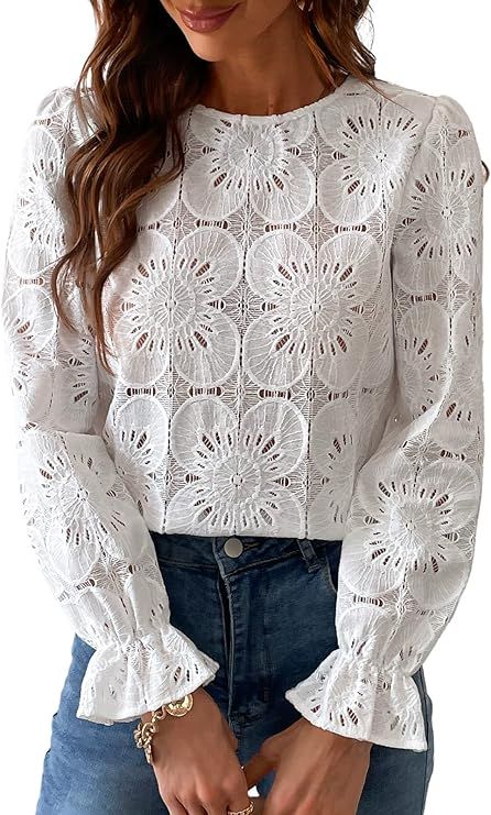 CUPSHE Women Casual Embroidered Floral Eyelet Long Sleeve Blouses Trumpet Sleeve Woven Slim Fit B... | Amazon (US)