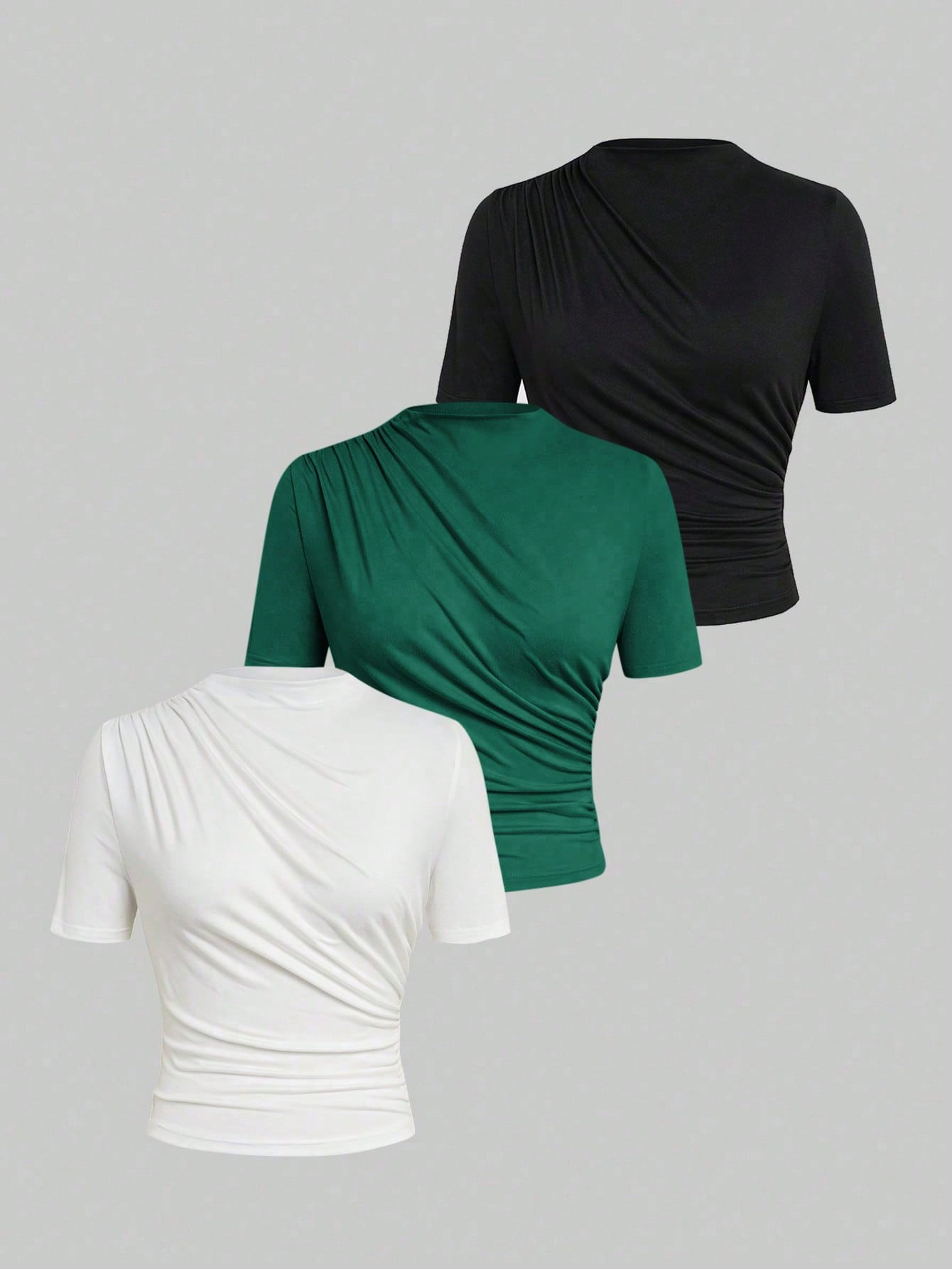 SHEIN Essnce Plus Size Solid Color Foldable Stand Collar Short Sleeve T-Shirt, Summer | SHEIN