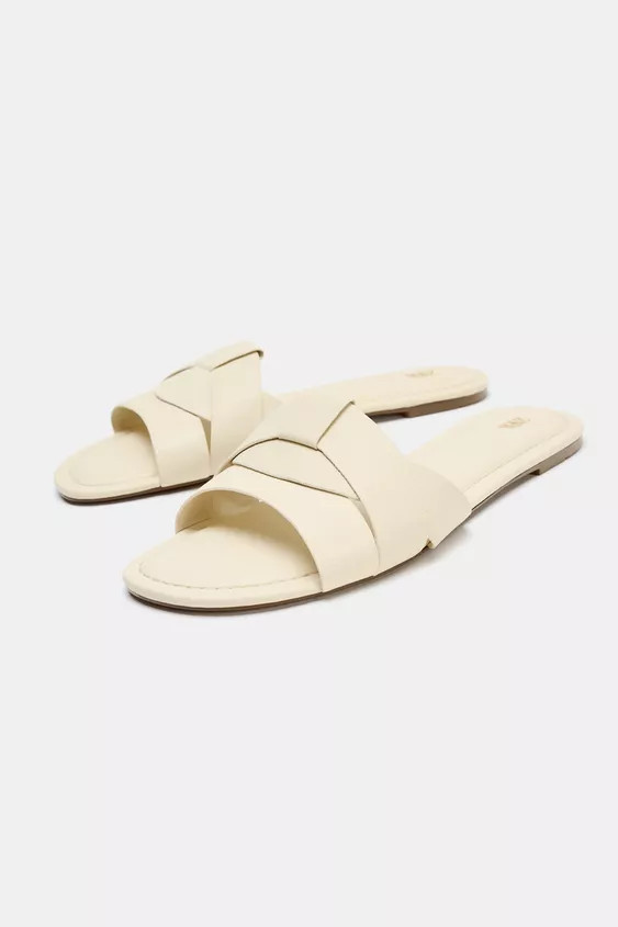 LEATHER CROSSED STRAP FLAT SANDALS | Zara Canada