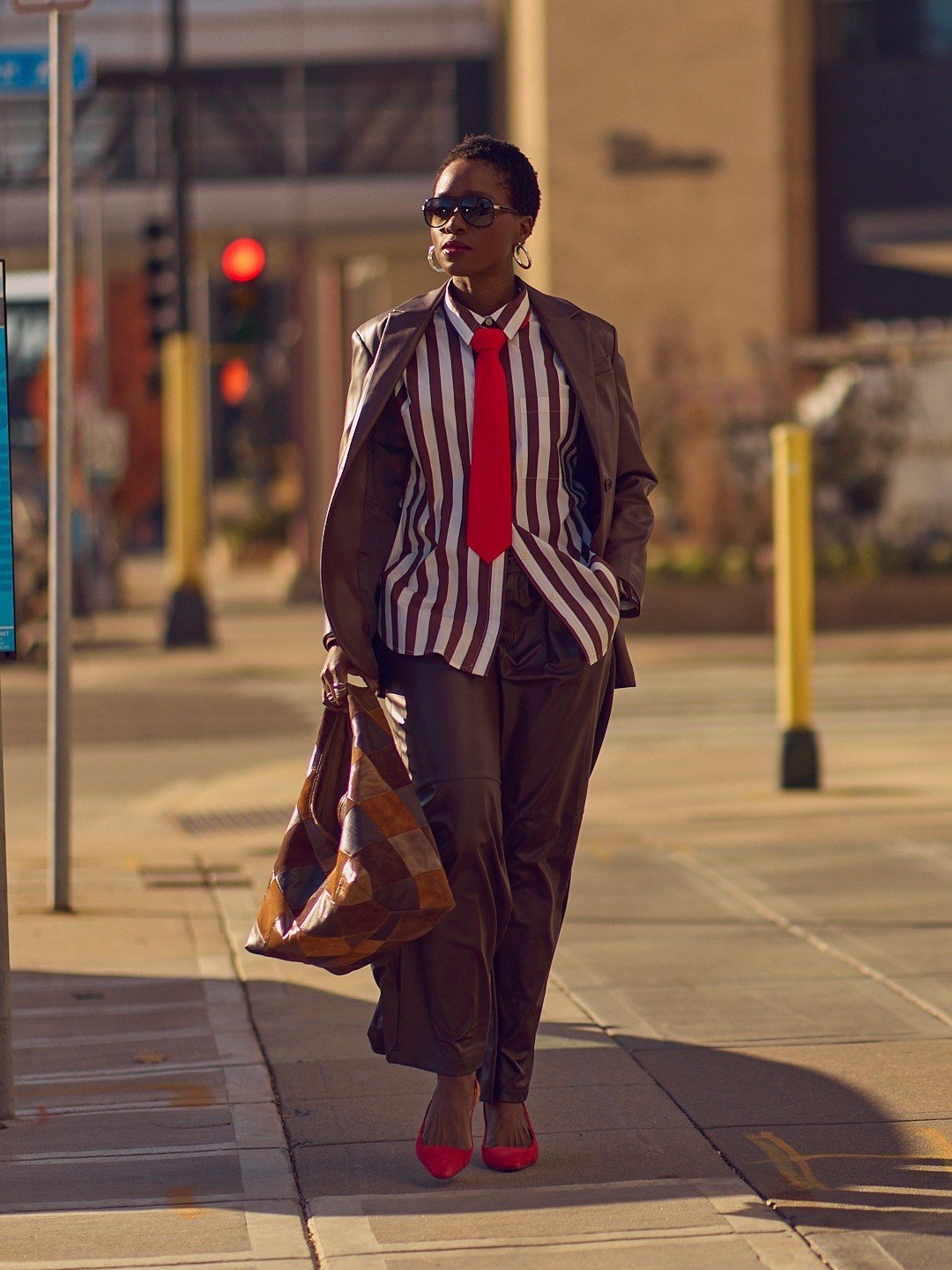 It's leather weather! Wearing chocolate brown wide-leg leather pants with a matching leather blazer. To zhuzh it up, layer with a striped shirt and red tie ❤️ Menswear, Target fashion, Asos, Macy's, M.Gemi shoes, Marc Fisher, red slingback heels, monochrome outfit, Fall outfit ideas, street style look

#LTKootd #LTKOver40 #LTKWorkwear
