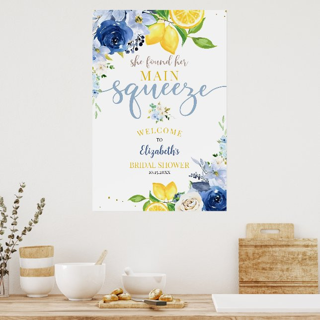 Editable Blue Floral Lemon Bridal Shower She Found Poster | Zazzle | Zazzle