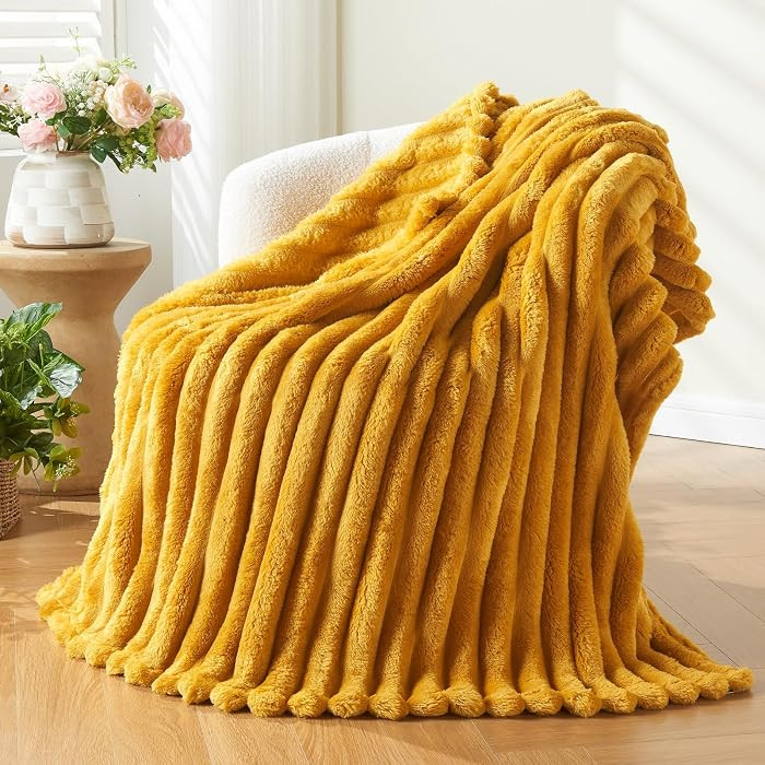 NEWCOSPLAY Fleece Ribbed Cozy Throw Blanket for Couch, Yellow, 50"x60" | Amazon (US)