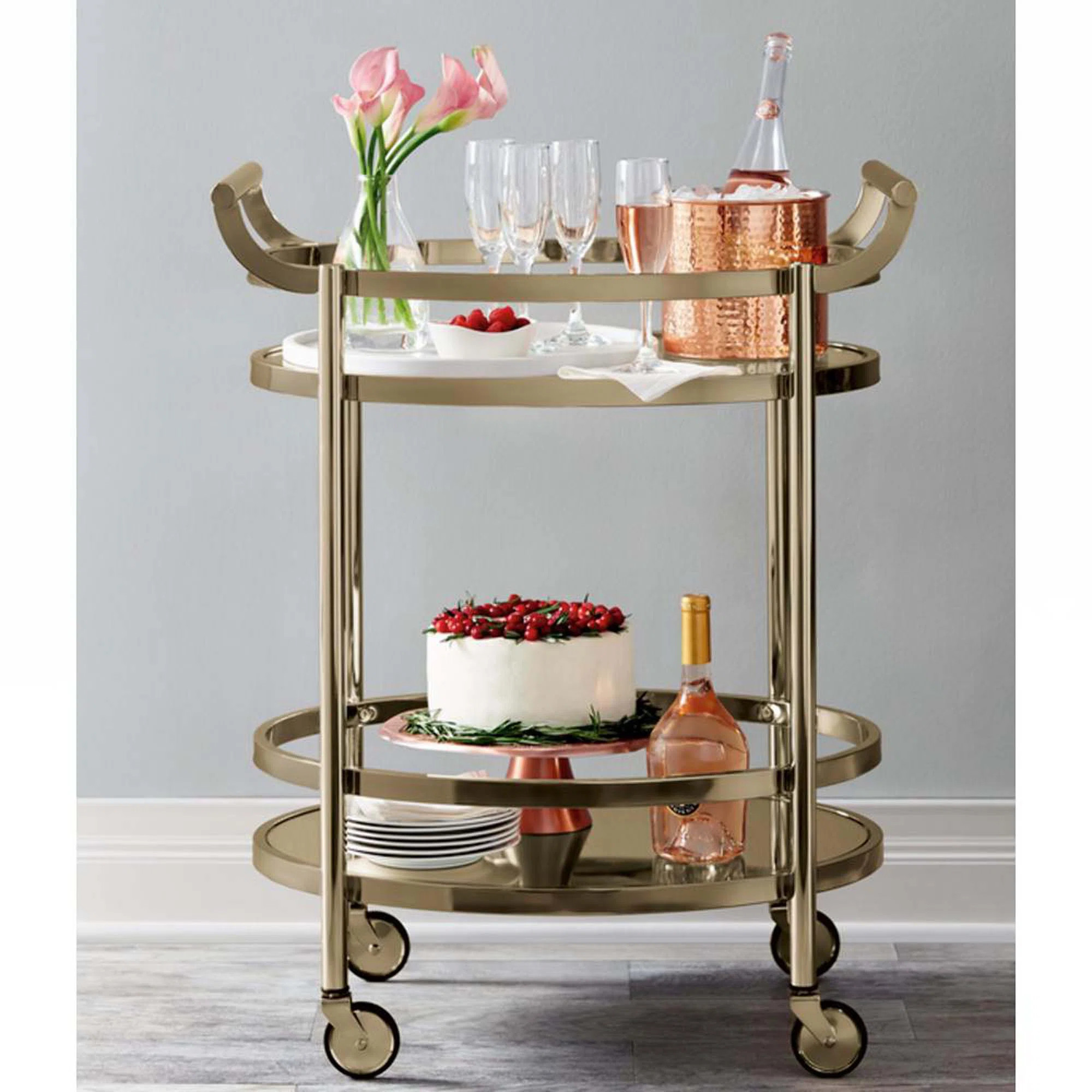 Lacole Octagonal Bar Cart in Champagne and Mirrored | Wayfair North America