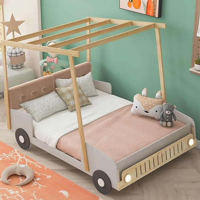 Classic Full Size Car-Shaped Platform Bed with Wheels and Ceiling Cloth, Solid Wood Low Bed Frame... | Amazon (US)
