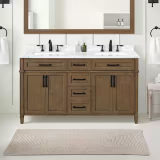 Caville 60 in. W x 22 in. D x 34 in. H Double Sink Bath Vanity in Almond Latte with Carrara Marbl... | The Home Depot
