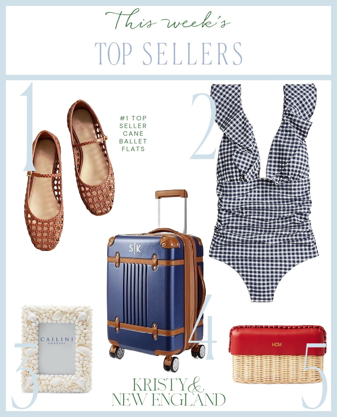 Top sellers of the week #1 cane ballet flats #2 gingham swim suit #3 seashell frame #4 Terminal 1 luggage #5 wicker clutch

#LTKTravel #LTKItBag #LTKShoeCrush