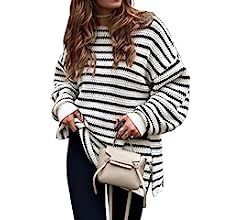 KIRUNDO 2022 Fall Winter Women's Oversized Long Sleeve Striped Sweater Casual Crewneck Side Split... | Amazon (US)