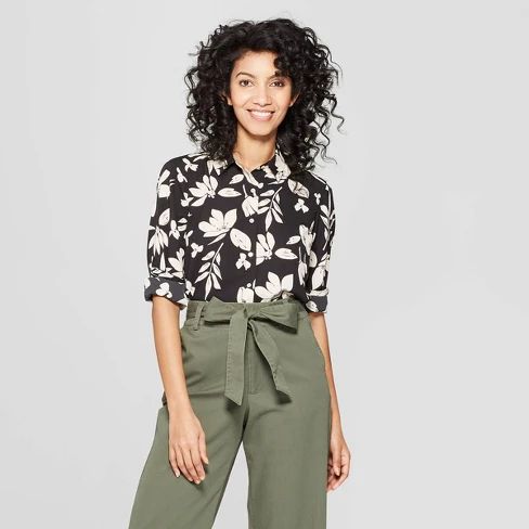 Women's Floral Print Long Sleeve Crepe Blouse - A New Day™ Black | Target