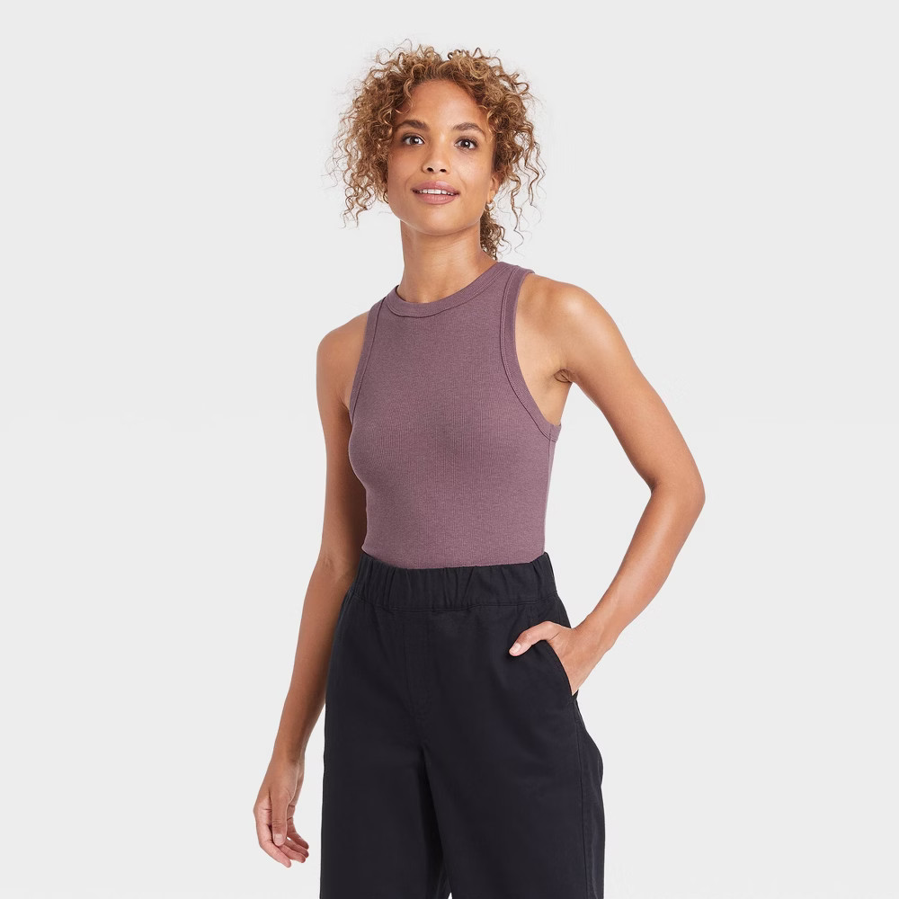 Women's Ribbed Crewneck Tank Bodysuit - A New Day Purple M | Target