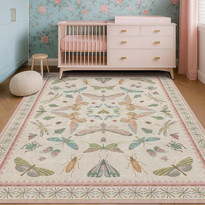 Butterfly Area Rugs 5x7 for Baby Nursery, Cute Light Pink Rugs for Bedroom Girls, Living Room, Ki... | Amazon (US)