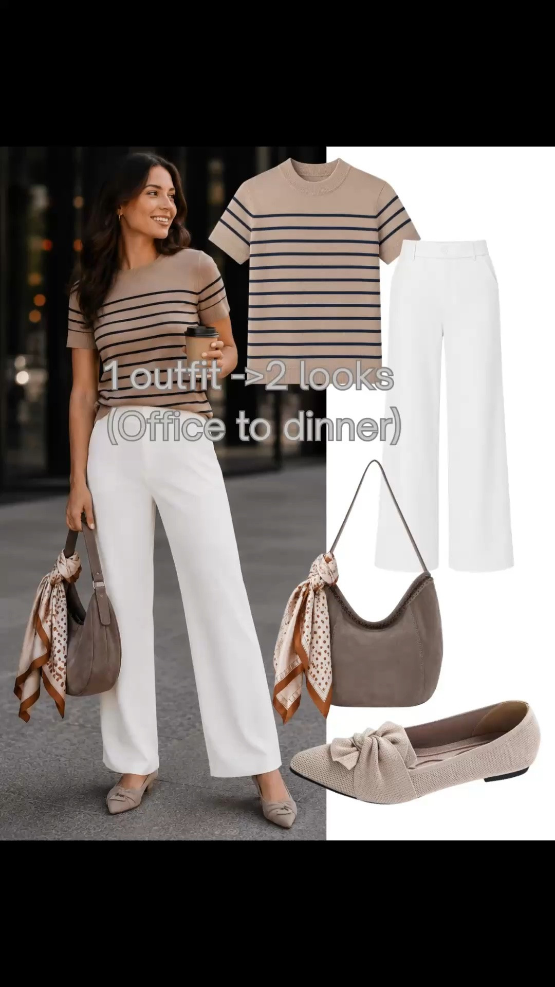 Work outfit to dinner outfit made easy 🤍 This neutral work outfit transitions effortlessly with just a simple shoe change—perfect for business casual days, work meetings, and dinner plans after. Business casual outfit. White trousers, affordable work outfit, business casual. Wide leg trousers, striped knit top, and versatile accessories make this an easy everyday outfit formula you’ll keep reaching for. 

Save & follow me, & tap the bell to subscribe on LTK for daily outfit ideas, workwear inspiration, and effortless neutral style.

#LTKootd #LTKWorkwear